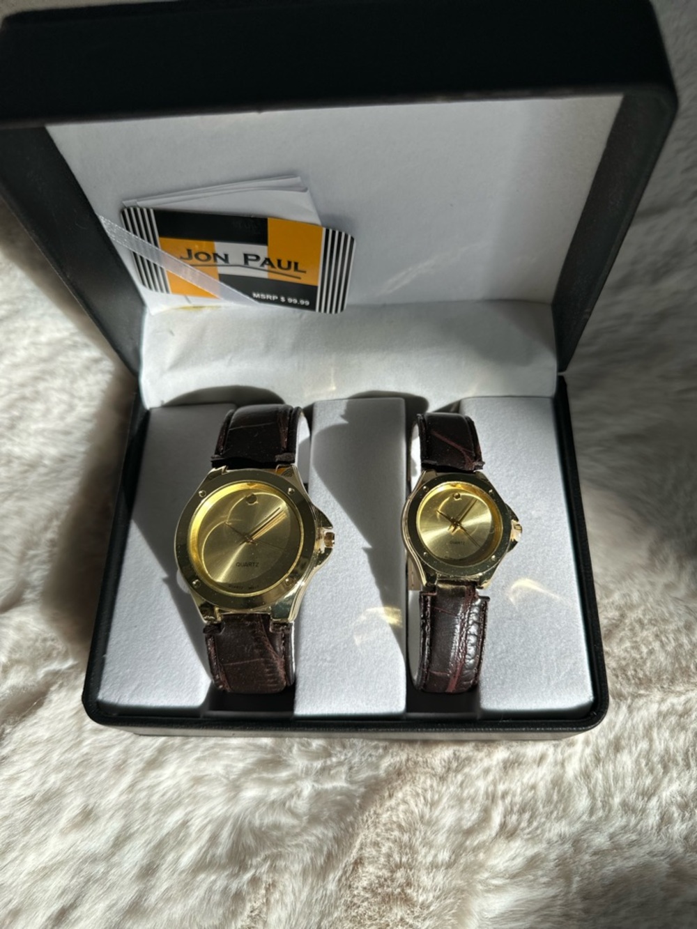 His and Hers Jon Paul Gold Dial Watches with Brown Leather Straps NWB